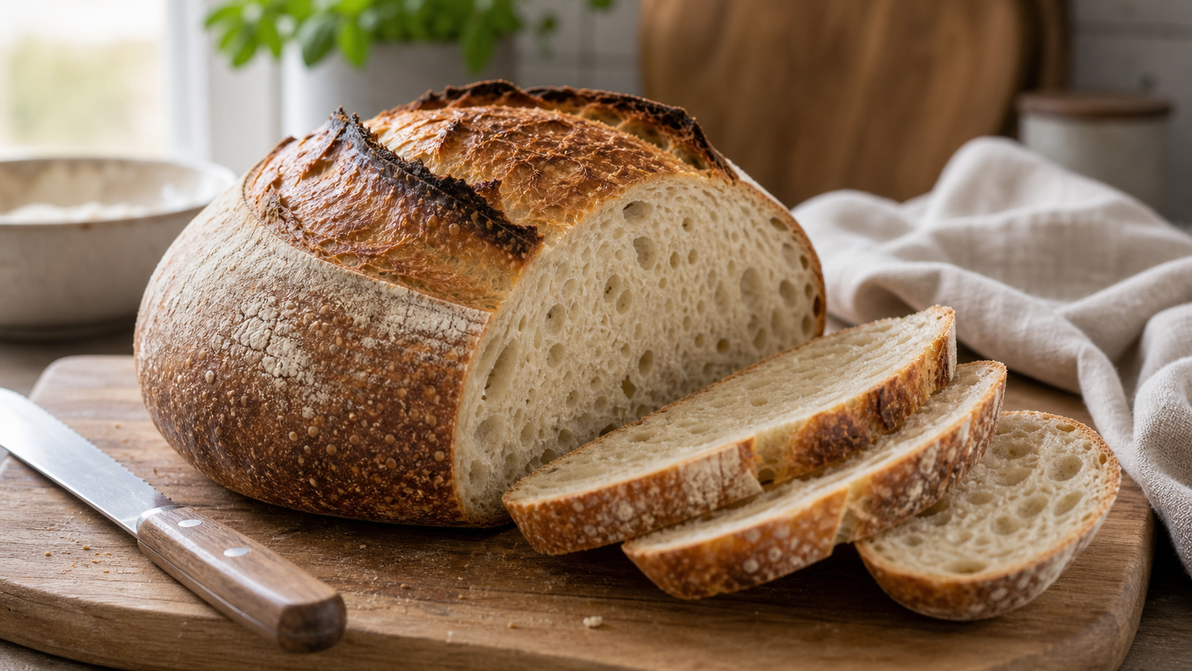 Finished sourdough loaf sliced after a cool kitchen fermentation
