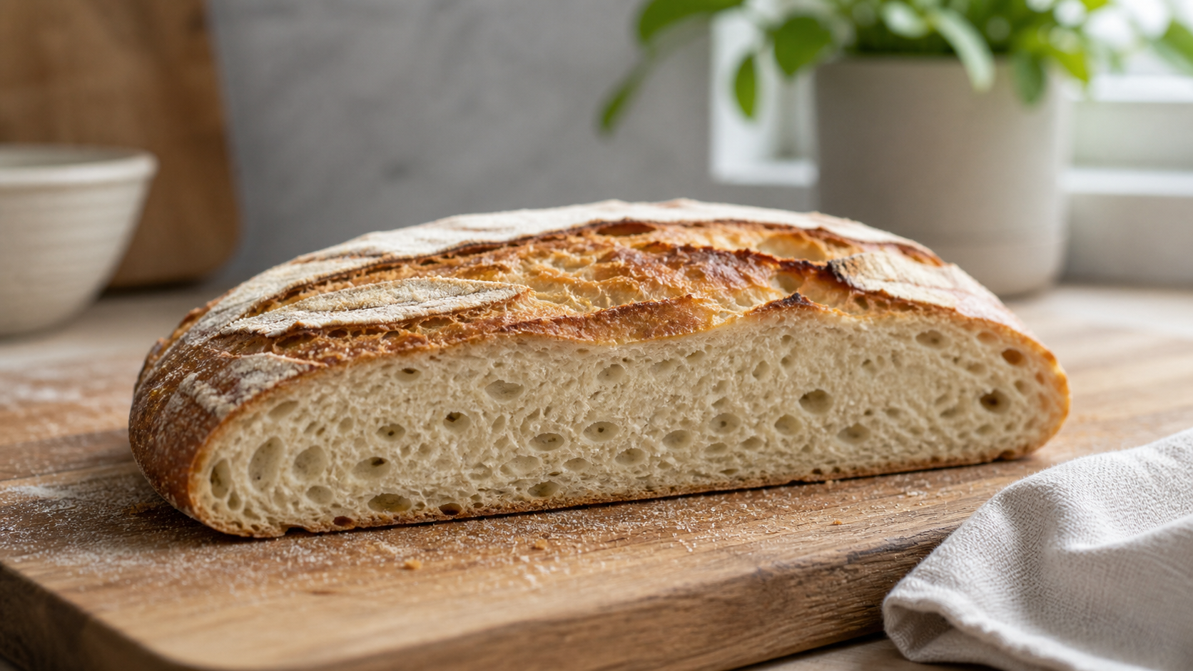 Low overproofed sourdough loaf with a slack profile and open crumb